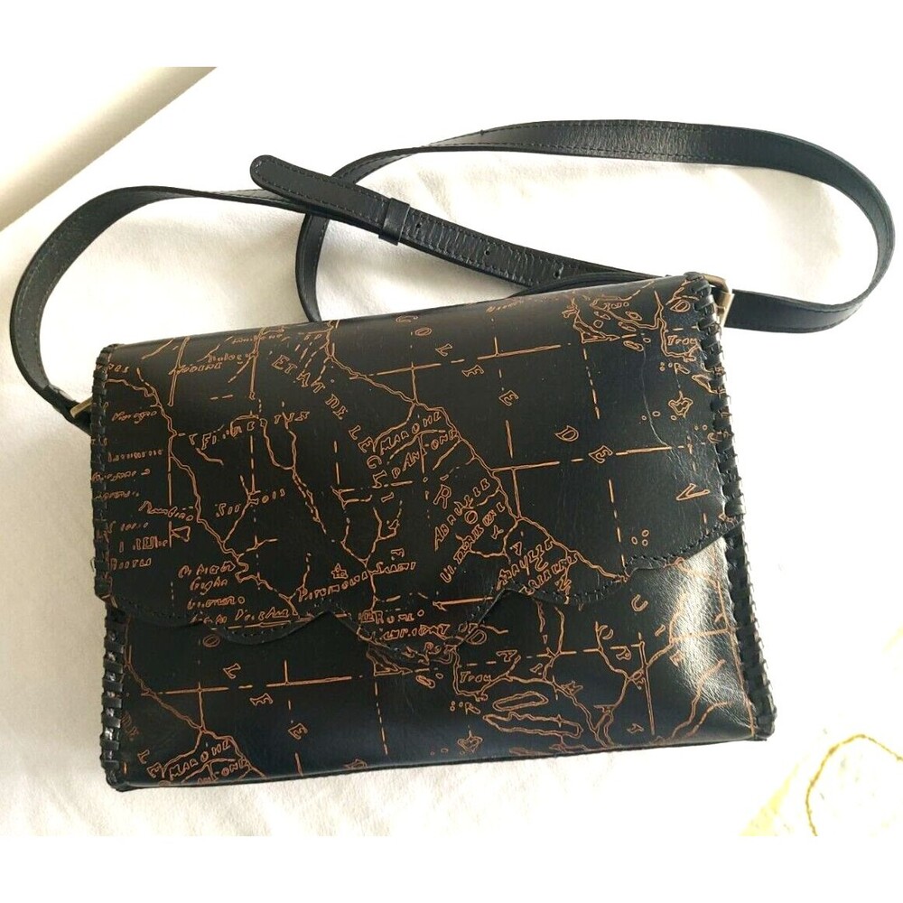 Patrica Nash Black Leather Map Sarola Scalloped Flap Snap Shoulder Bag Crossbody